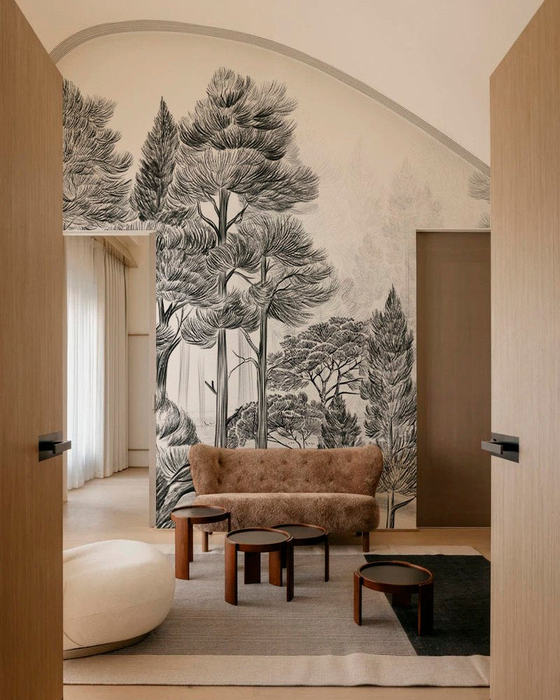 Artistic Forest Landscape Mural in Monochrome