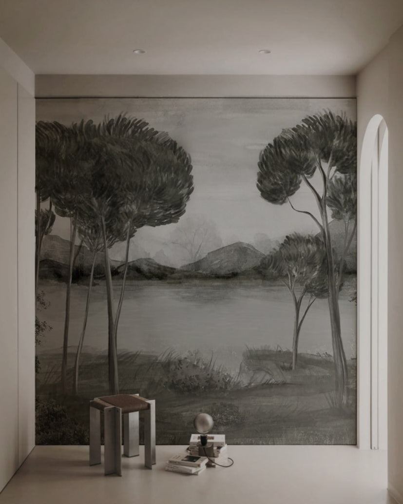 Scenic Landscape Mural in monochrome