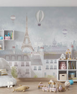 Children's room with Eiffel Tower and hot air balloon mural, Bonjour Paris, Dreamy Travel Kids Wallpaper