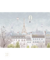 Illustration of the Eiffel Tower with hot air balloons against a light blue sky. Bonjour Paris, Dreamy Travel Kids Wallpaper
