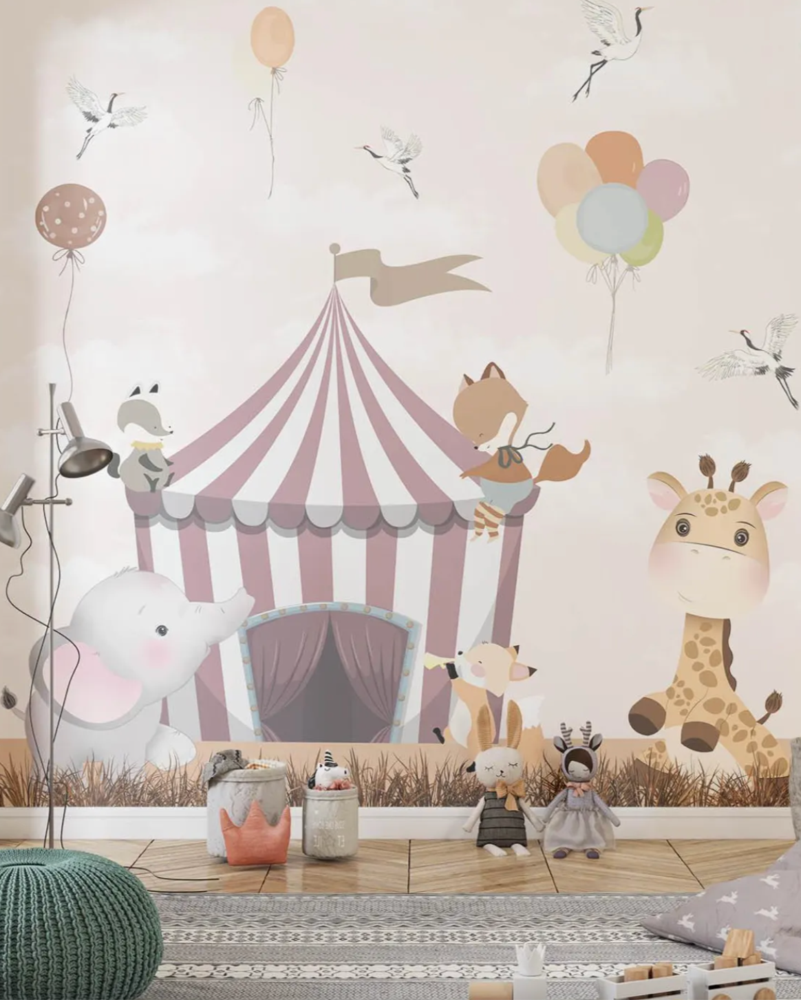 Children's room with circus-themed wallpaper featuring animals and balloons.