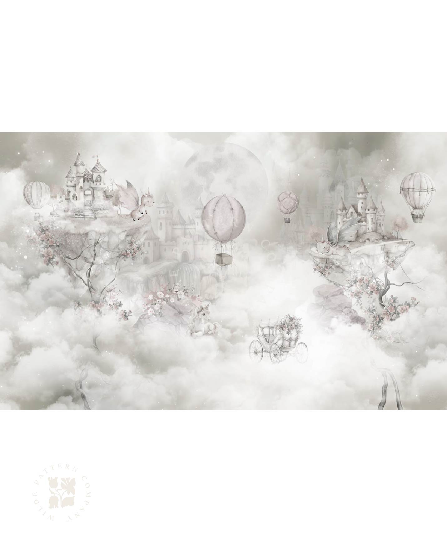 Fantasy scene with castles and balloons in a cloud-like setting for a kids room wallpaper