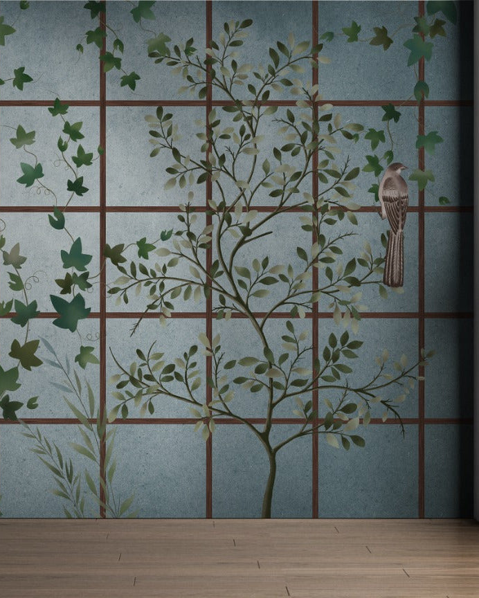 Room interior with decorative wallpaper and potted plants