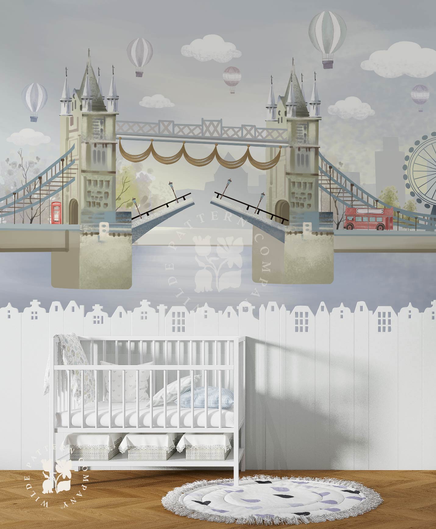 Nursery room with crib, London-themed wall mural,London Lift-Off, Dreamy Travel Wallpaper