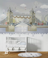 Nursery room with crib, London-themed wall mural,London Lift-Off, Dreamy Travel Wallpaper