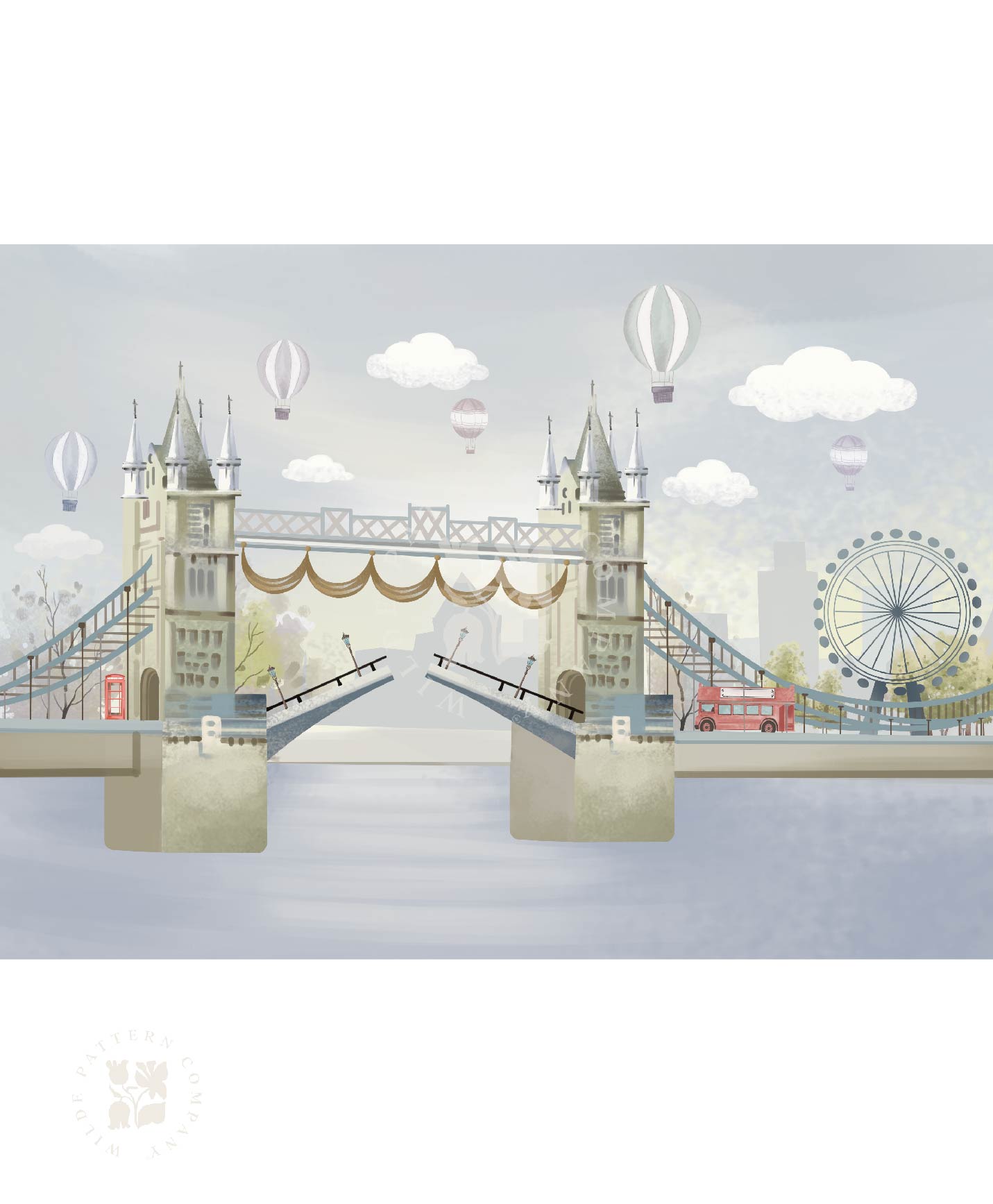 Illustration of a bridge with decorative elements and balloons against a light blue background, London Lift-Off, Dreamy Travel Wallpaper