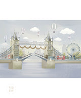 Illustration of a bridge with decorative elements and balloons against a light blue background, London Lift-Off, Dreamy Travel Wallpaper