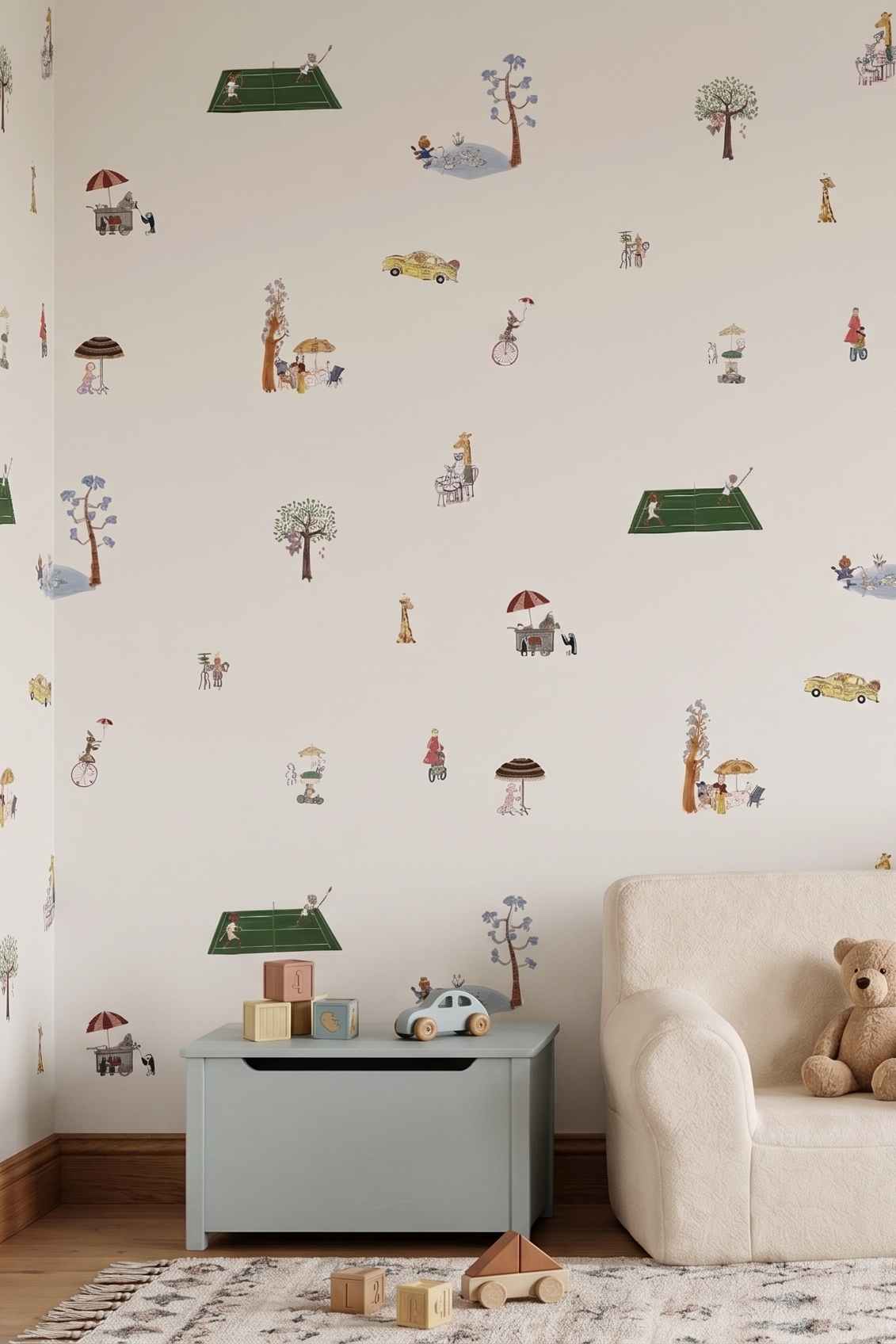Children's room with wallpaper featuring illustrations, a chair with a teddy bear, and a bookshelf with books.