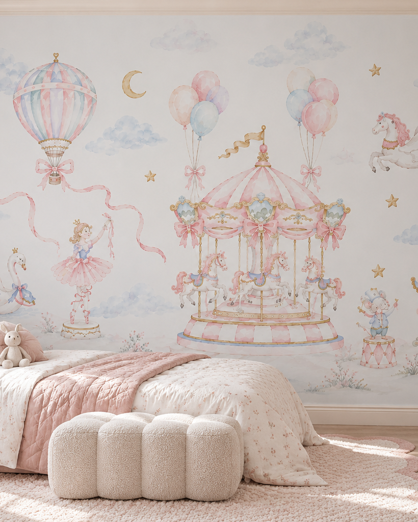 A pastel-themed children's bedroom featuring a large wall mural with a carousel, hot air balloon, pegasus, ballerina, stars, and clouds. The room includes a pink bed, cream bedding, a fluffy cream ottoman, a bedside table with a lamp, and a vanity area with shelving and a chair.