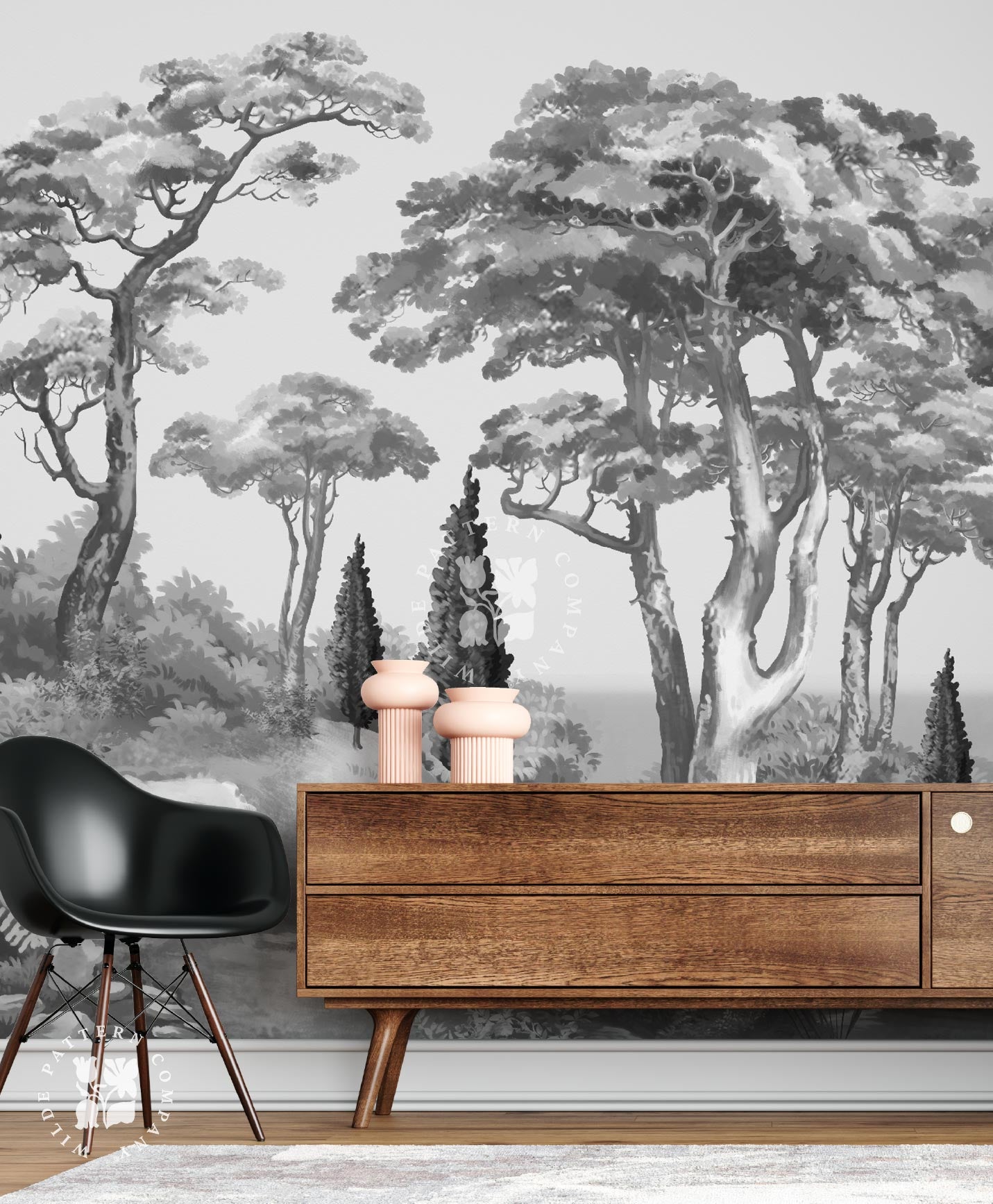 Tuscan Dream Landscape Mural in Monochrome