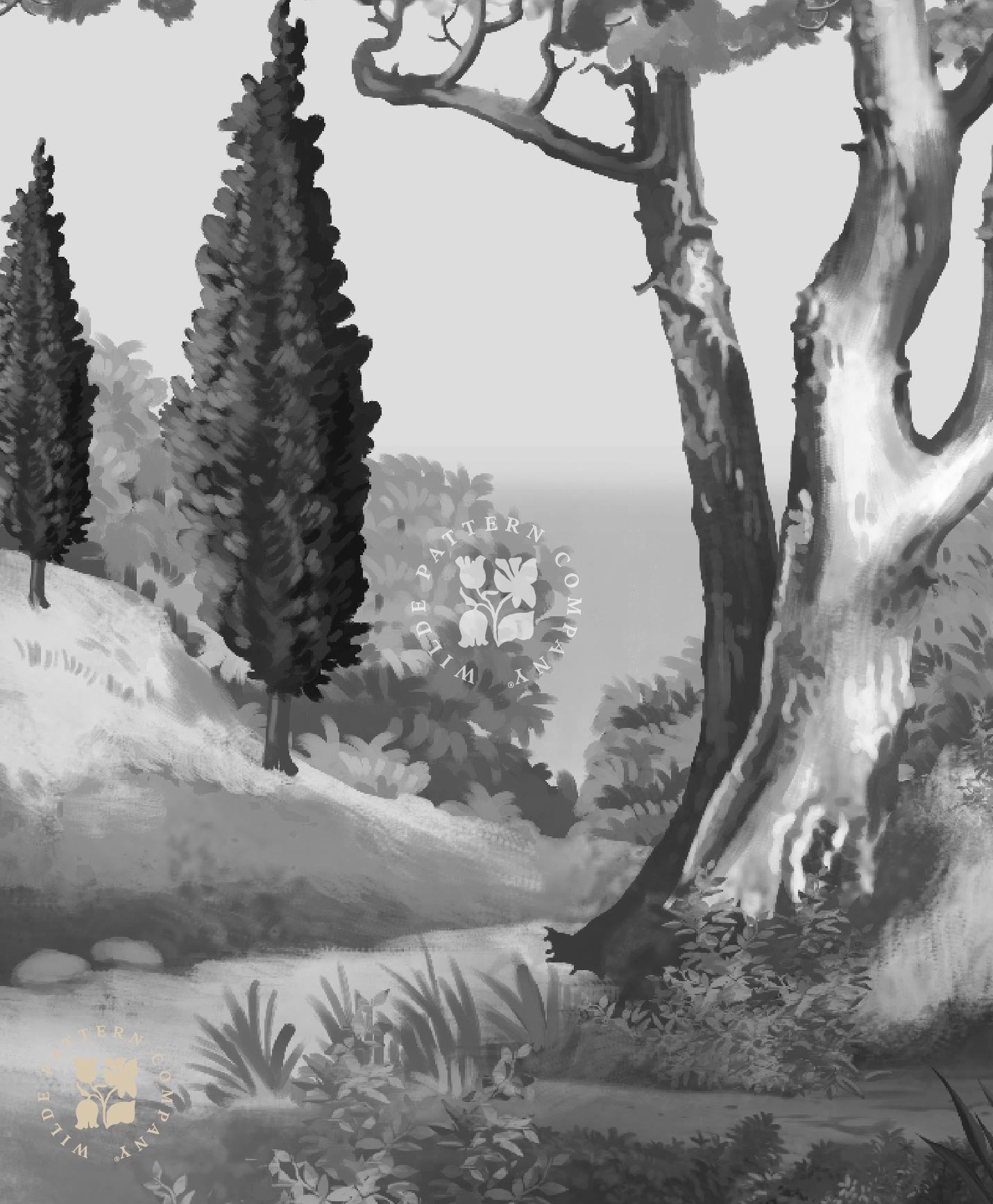 Tuscan Dream Landscape Mural in Monochrome