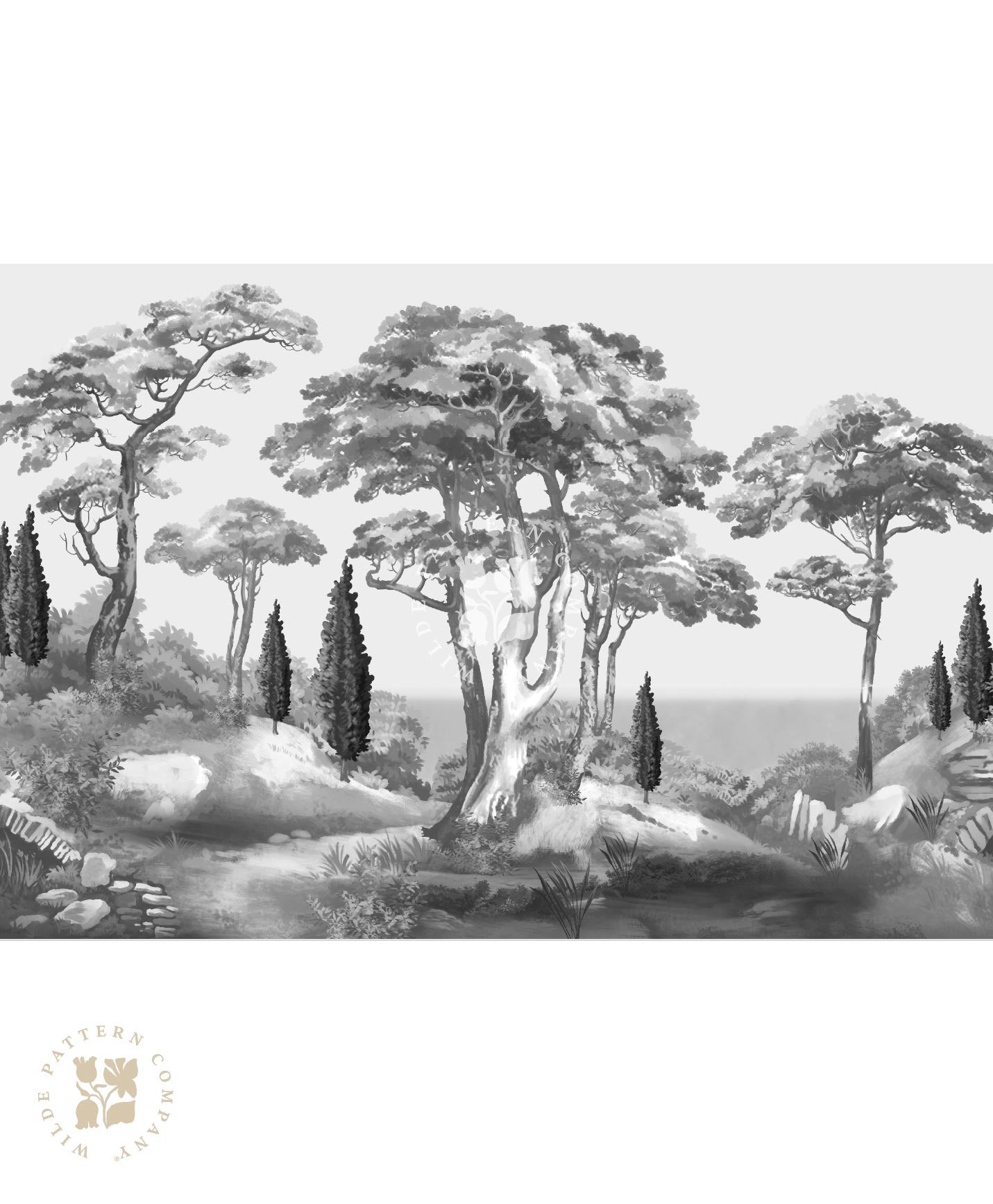 Tuscan Dream Landscape Mural in Monochrome