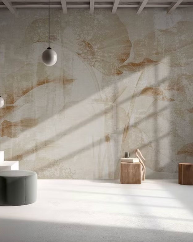 Modern interior with abstract wall art and minimal furniture