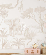 Neutral Beige Jungle Safari Kids Wallpaper