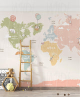 Cute Kids pastel animal world map Wallpaper by Wilde Pattern Company