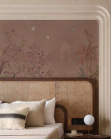 Modern bedroom with wooden wardrobe, bed, and decorative wall art.