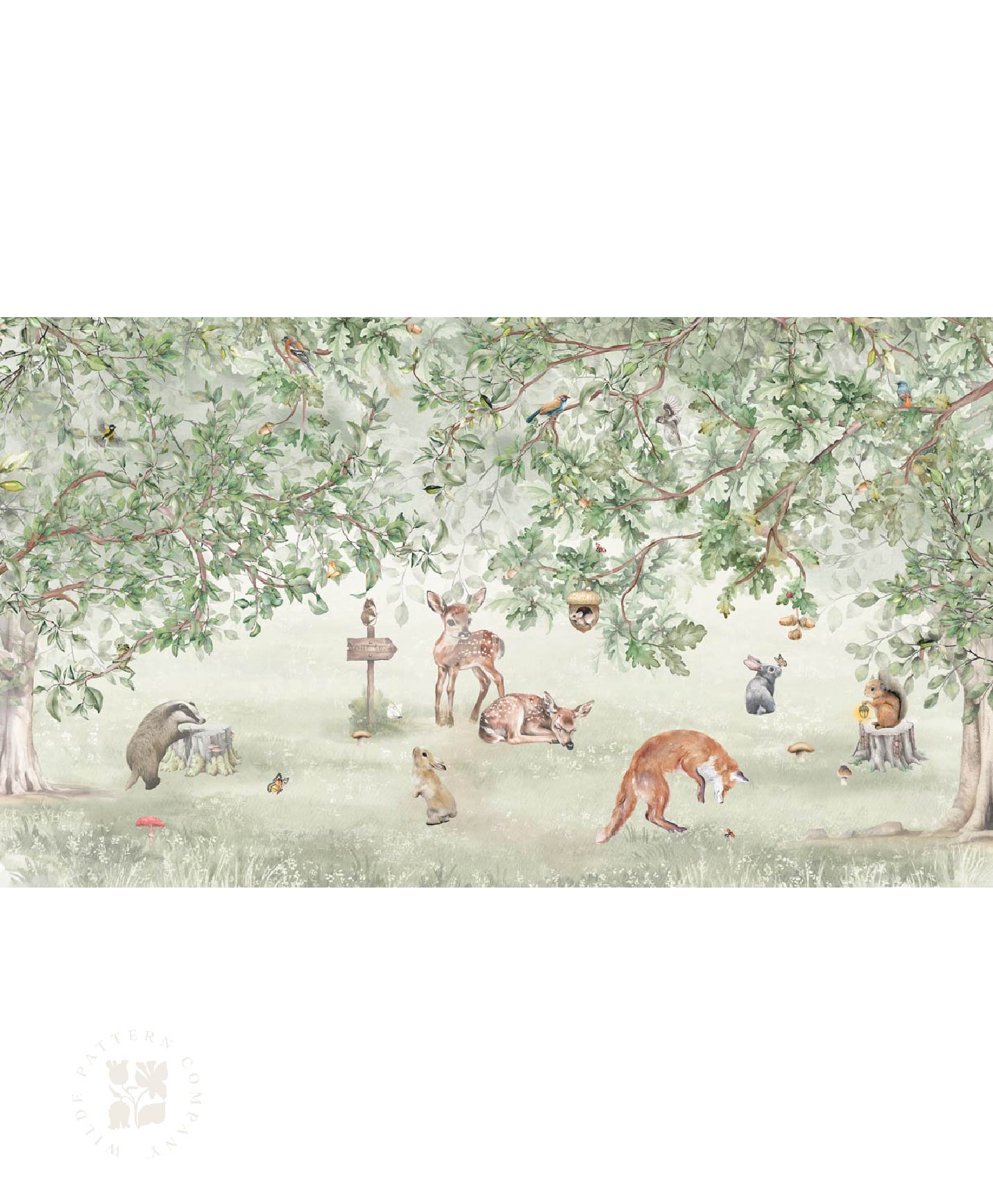Illustration of forest animals under a tree with birds. Woodland Whimsy, Woodland Kids Wallpaper